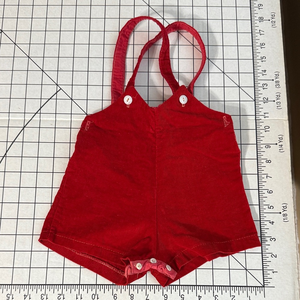Vintage Infant Red Corduroy Romper – Button Straps & Snap Bottom – 1940s–1950s